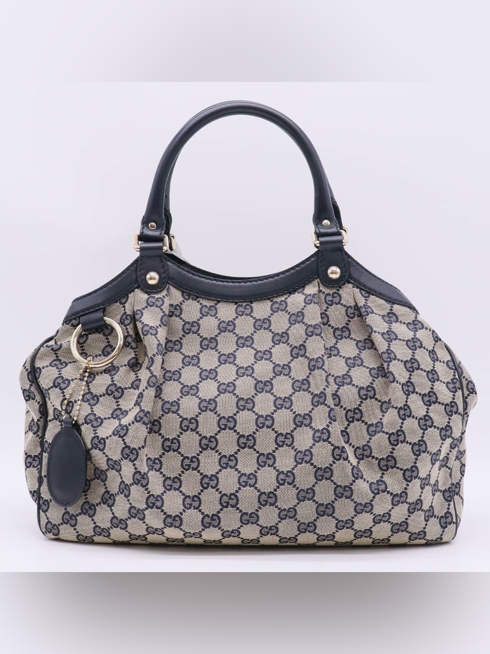 GUCCI Canvas and Leather Monogram Medium Sukey Tote Bag Navy